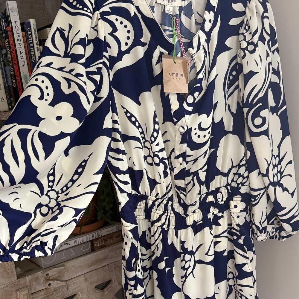 Umgee Navy and Cream Patterned Long Sleeve Dress